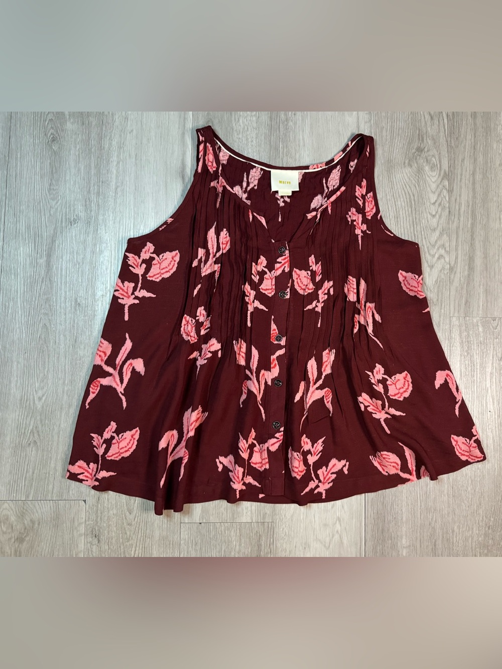 Maeve Anthropologie Burgundy Pink Floral Sleeveless Button Front VNeck Blouse 10